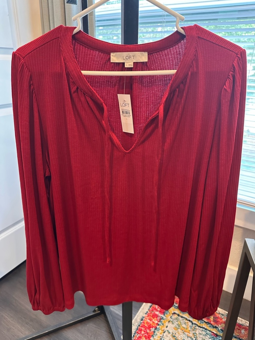LOFT Crimson Red Long-Sleeve V-Neck Peasant Blouse